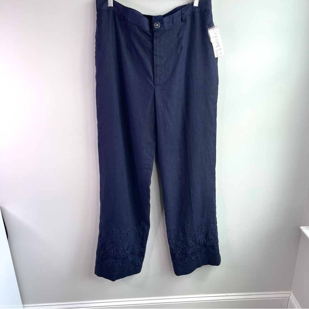 Lily & Taylor Navy 100%Linen Eyelet Ladies Trousers Size 14